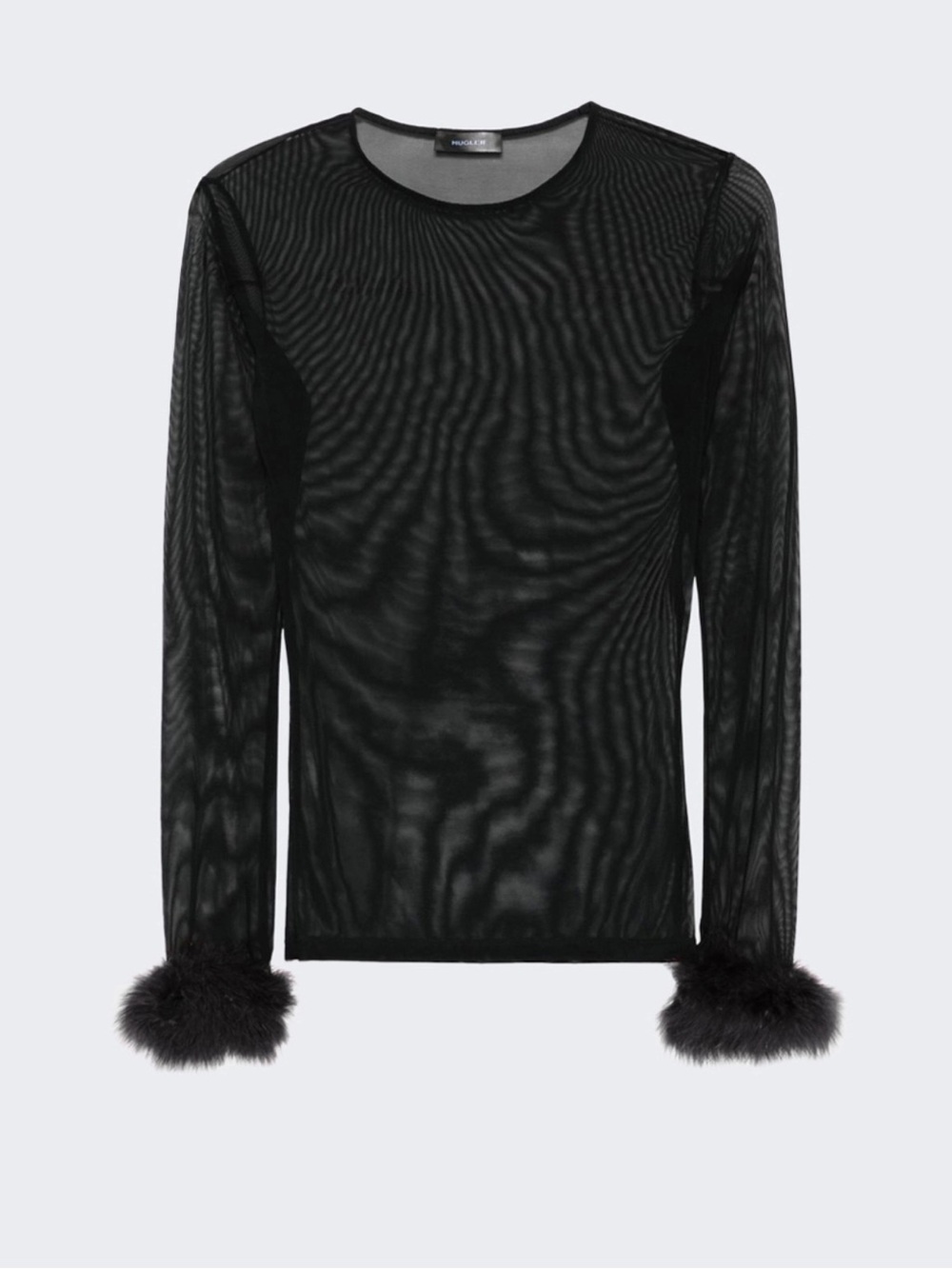 Mugler Sheer Black Long-Sleeve Mesh Top with Feather Cuffs